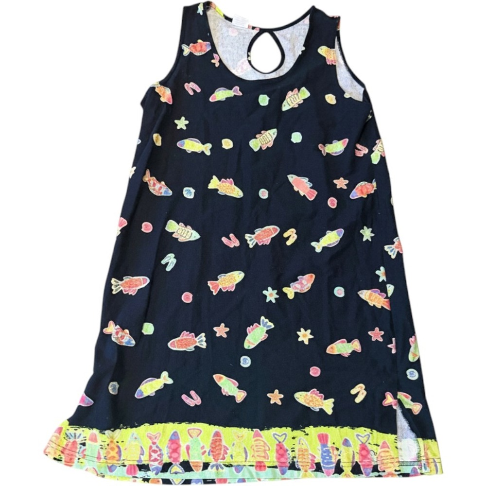 On White Women Black Tropical Fish Print Sleeveless Keyhole Shift Dress Large